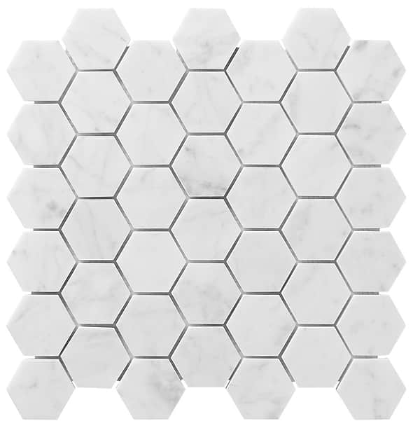 Bianco Carrara 2" Hexagon Polished Marble Mosaic Tile in White, View 6, open zoomed image