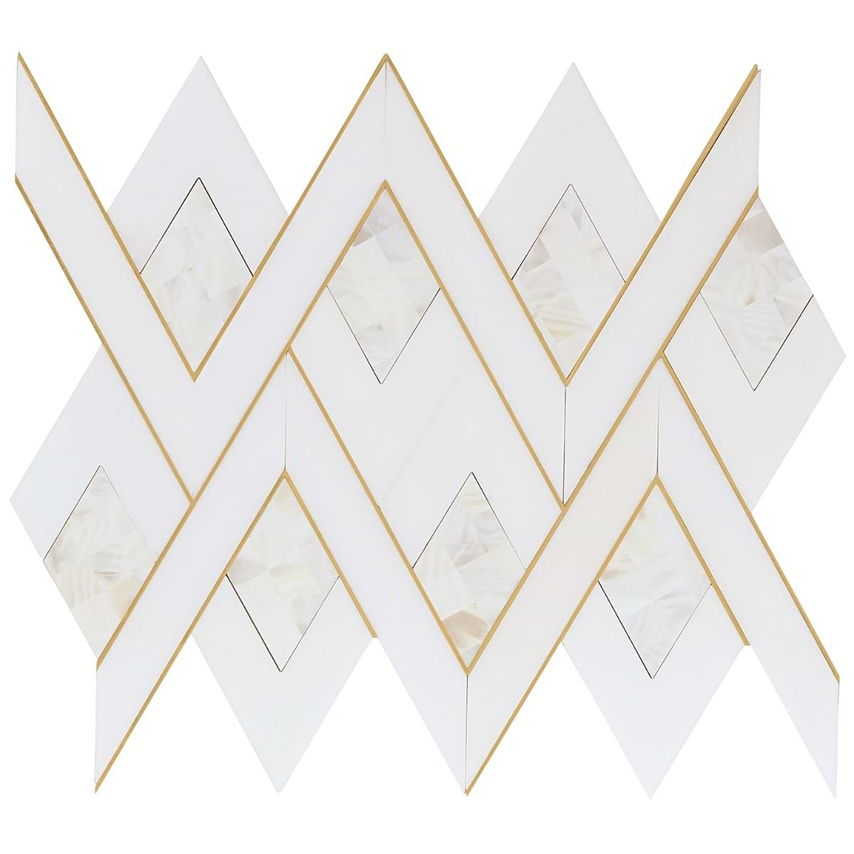 Zeta Pearl White Polished Marble- Pearl and Brass Waterjet Mosaic Tile