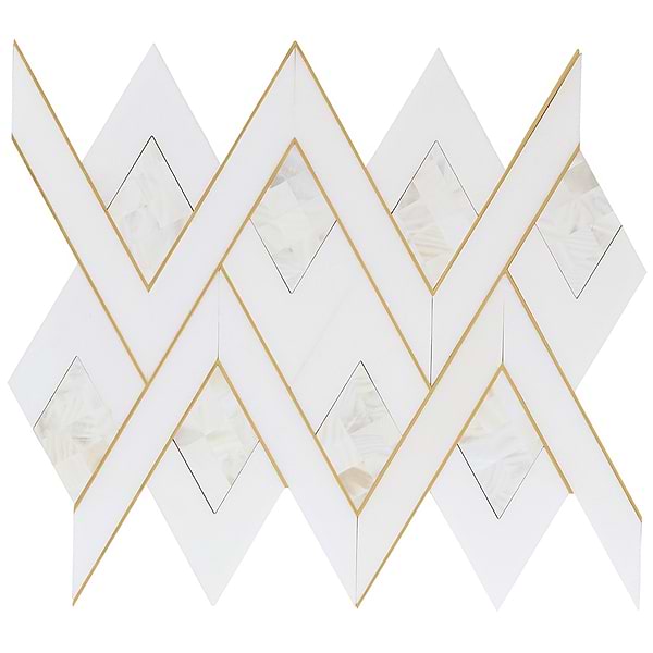 Zeta Pearl White Polished Marble- Pearl and Brass Waterjet Mosaic Tile