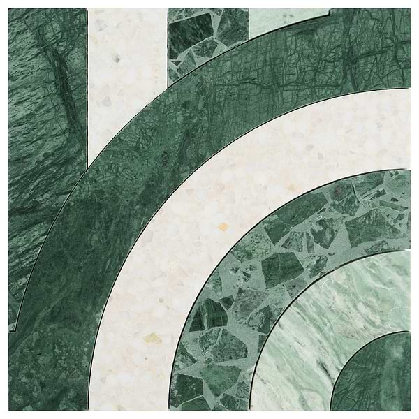Elizabeth Sutton Arc Vertical Forest Green 12x12 Honed Marble and Terrazzo Mosaic Tile