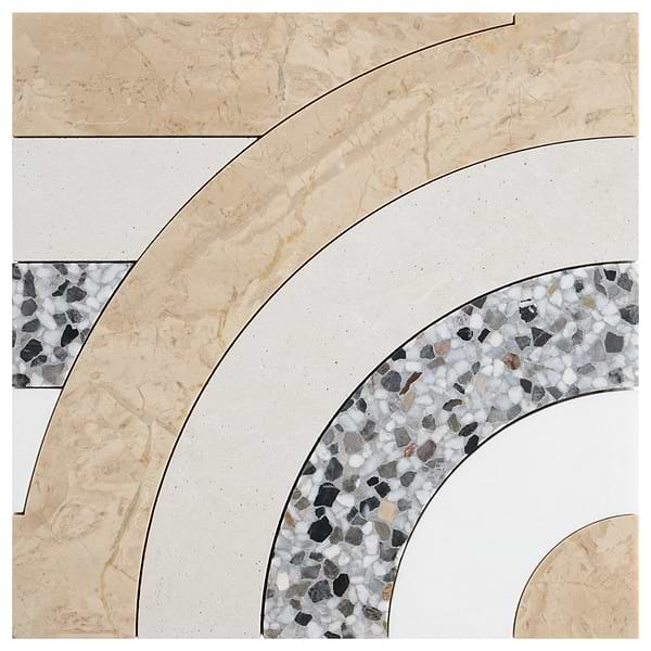 Elizabeth Sutton Arc Offset Semi-Circle Desert Beige 12x12 Honed Marble and Terrazzo Mosaic Tile