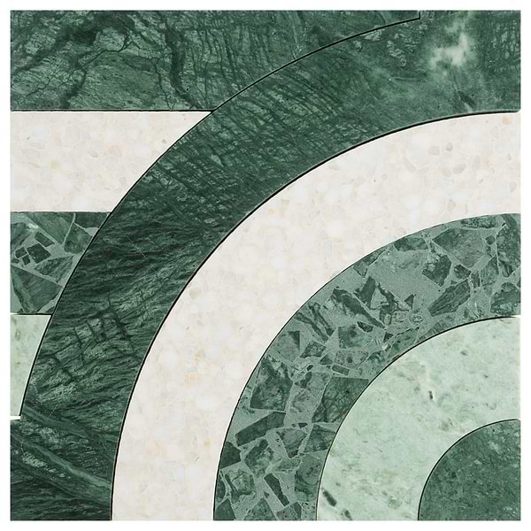 Elizabeth Sutton Arc Wave Forest Green 12x12 Honed Marble and Terrazzo Mosaic Tile