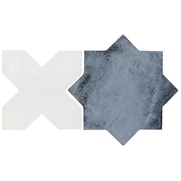 Parma Denim Blue Matte Star and White Polished Cross 6" Terracotta Look Porcelain Tile