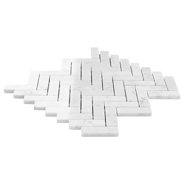 Bianco Carrara 1x3 Herringbone Polished Marble Mosaic Tile in White, View 7, open zoomed image