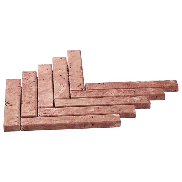 Velour Red Travertine 1x6 Herringbone Leather Marble Mosaic Tile in Red, View 7, open zoomed image