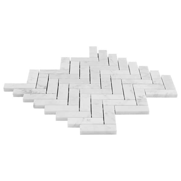 Bianco Carrara 1x3 Herringbone Honed Marble Mosaic Tile in White, View 7, open zoomed image