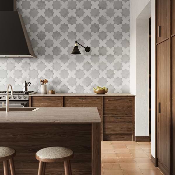 Parma Dove Gray Matte Star and White Matte Cross 6" Terracotta Look Porcelain Tile