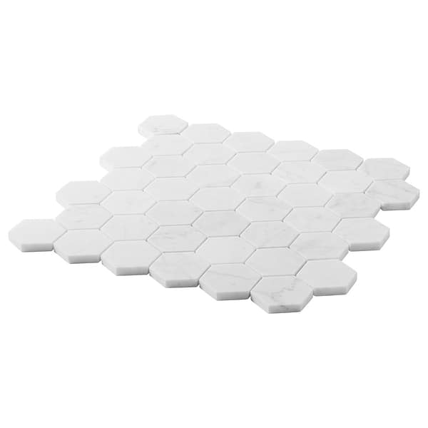 Bianco Carrara 2" Hexagon Polished Marble Mosaic Tile in White, View 7, open zoomed image