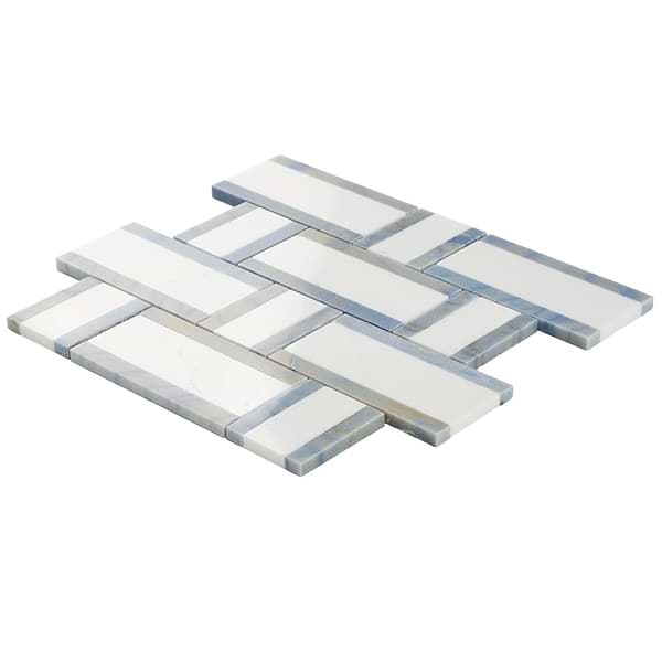 Esplanade Thassos and Blue Macauba Polished Marble Mosaic Tile; in White, Blue Thassos, Blue Macauba image 7; for Backsplash, Bathroom Floor, Bathroom Wall, Commercial Floor, Floor Tile, Kitchen Floor, Kitchen Wall, Outdoor Floor, Outdoor Wall, Shower Floor, Shower Wall, Wall Tile; in Style Ideas Classic, Cottage, Farmhouse, Transitional