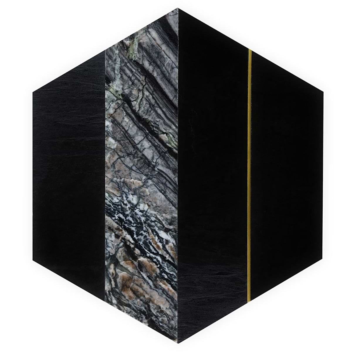 Margo Black and Gold 9" Hexagon Polished Nero Marquina Marble and Brass Mosaic Tile