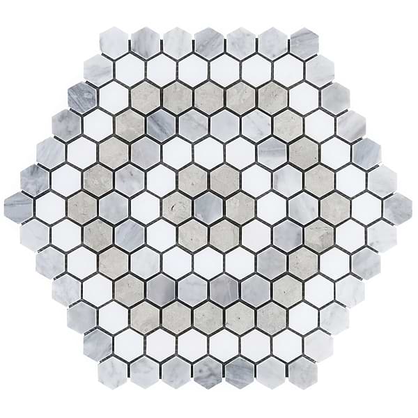 Juno Honeycomb Beige and Gray 1" Hexagon Polished Marble Mosaic Tile