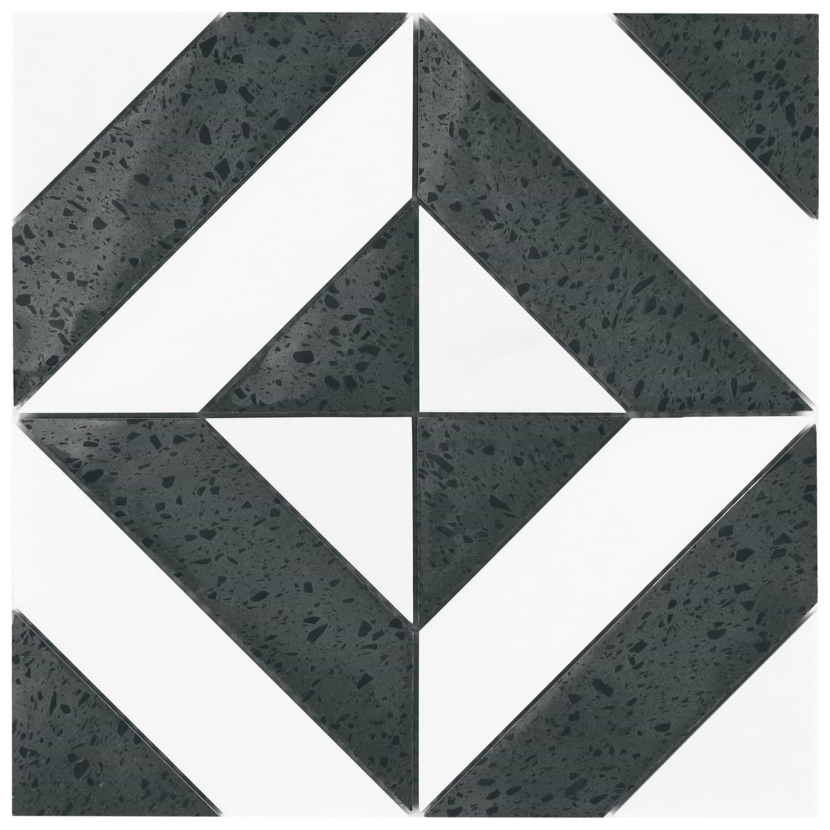 Cleopatra Diagonal Pepper Black Terrazzo and Bianco White Marble Polished Mosaic Tile