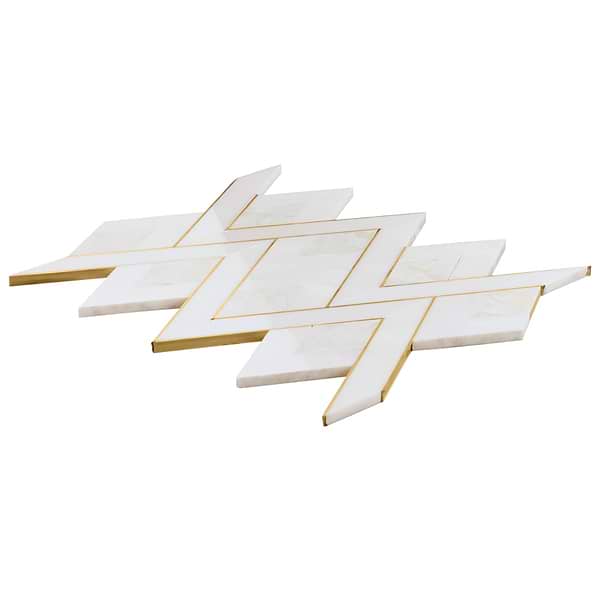 Zeta Pearl White Polished Marble- Pearl and Brass Waterjet Mosaic Tile