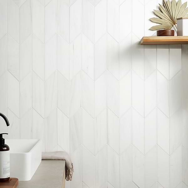 Bianco Dolomite White 3x12 Chevron Premium Polished Marble Tile