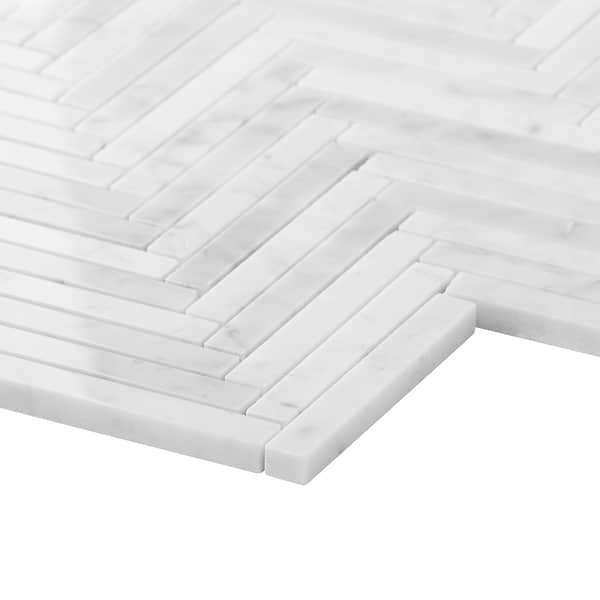 Bianco Carrara 1/2x4 Herringbone Polished Marble Mosaic Tile in White, View 9, open zoomed image