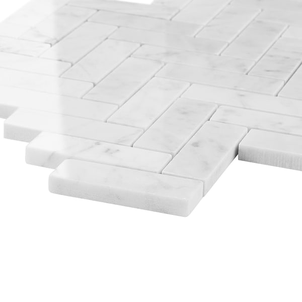 Bianco Carrara 1x3 Herringbone Polished Marble Mosaic Tile in White, View 8, open zoomed image