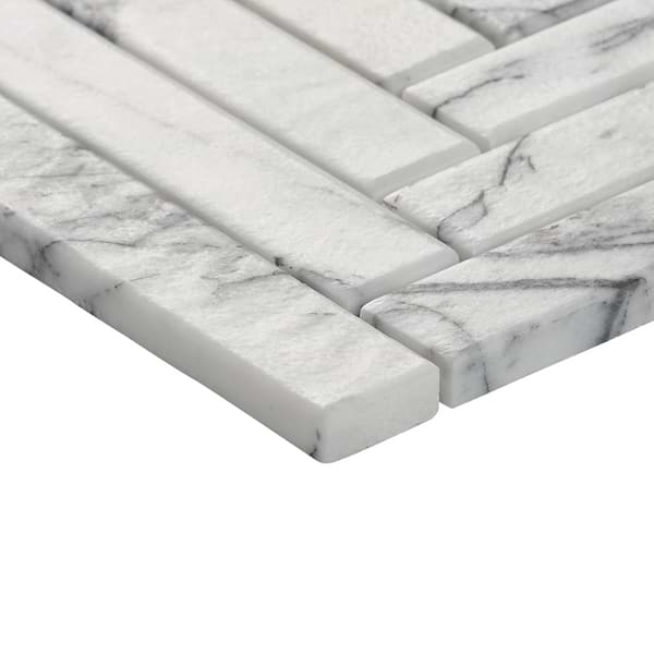 Velour Lilac 1x6 Herringbone Leather Marble Mosaic Tile in White, Purple, View 8, open zoomed image