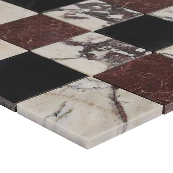 Calacatta Viola Premium and Red Bordeaux and Black 4x4 Honed Marble Checkerboard Mosaic Tile