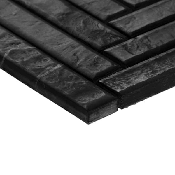 Velour Nero Marquina 1x6 Herringbone Leather Marble Mosaic Tile in Black, White, View 8, open zoomed image