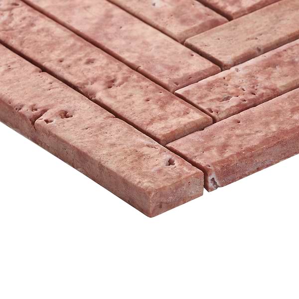 Velour Red Travertine 1x6 Herringbone Leather Marble Mosaic Tile in Red, View 8, open zoomed image