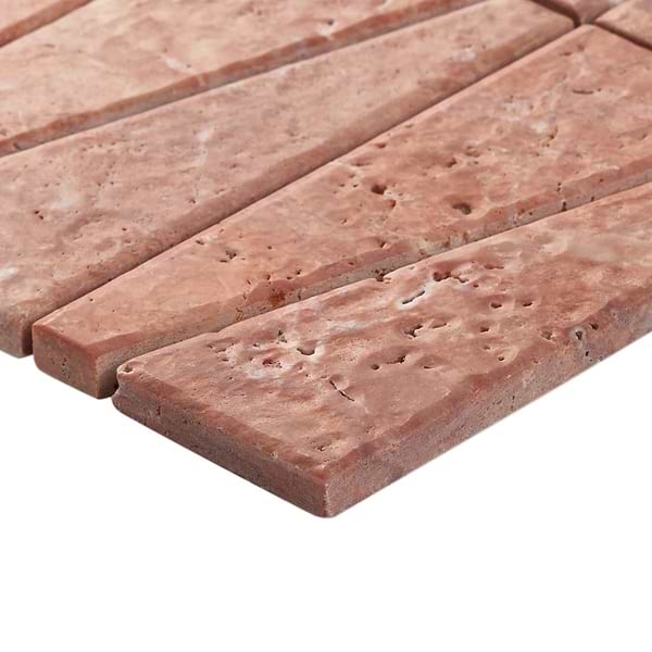 Velour Red Travertine 2x6 Trapezoid Leather Marble Mosaic Tile in Red, View 8, open zoomed image