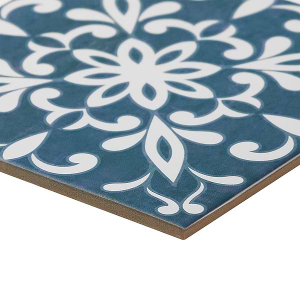 Elowynn Medallion Marina Blue 8x8 Matte Porcelain Tile by Kravet in Blue, White, View 8, open zoomed image
