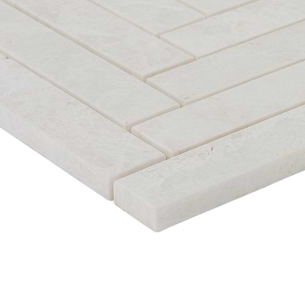 Velour Vanilla 1x6 Herringbone Leather Marble Mosaic Tile in Warm White, View 8, open zoomed image