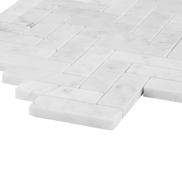 Bianco Carrara 1x3 Herringbone Honed Marble Mosaic Tile in White, View 8, open zoomed image