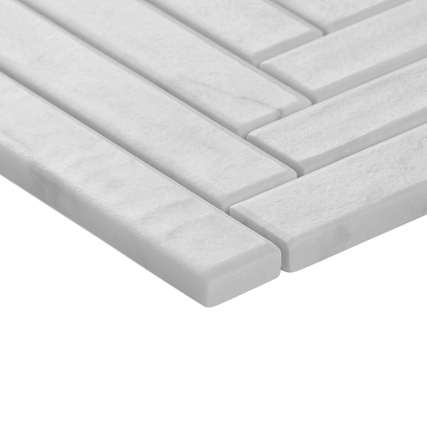Velour Bianco Carrara 1x6 Herringbone Leather Marble Mosaic Tile in White, View 8, open zoomed image