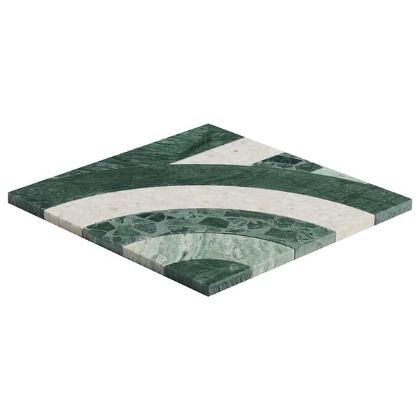 Elizabeth Sutton Arc Vertical Fish Scale Forest Green 12x12 Honed Marble and Terrazzo Mosaic Tile
