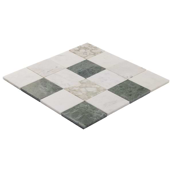 Calacatta Verde Premium and Glacier White and Tia Verde 4x4 Honed Marble Mosaic Tile