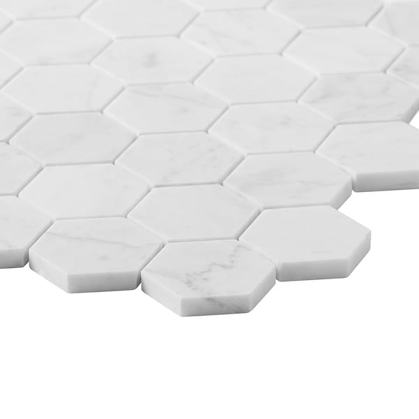 Bianco Carrara 2" Hexagon Polished Marble Mosaic Tile in White, View 8, open zoomed image