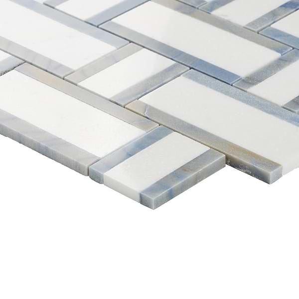 Esplanade Thassos and Blue Macauba Polished Marble Mosaic Tile; in White, Blue Thassos, Blue Macauba image 8; for Backsplash, Bathroom Floor, Bathroom Wall, Commercial Floor, Floor Tile, Kitchen Floor, Kitchen Wall, Outdoor Floor, Outdoor Wall, Shower Floor, Shower Wall, Wall Tile; in Style Ideas Classic, Cottage, Farmhouse, Transitional