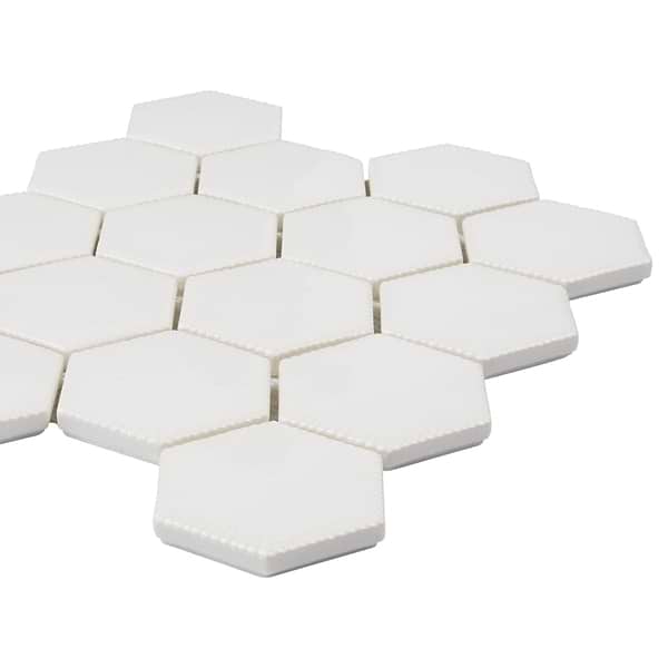 Nabi Hexagon Glacier White 3" Crackled Glossy Glass Mosaic Tile