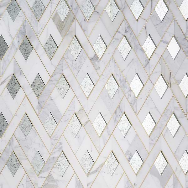 Zeta Mirror Silver Polished Marble- Antique Mirror and Brass Waterjet Mosaic Tile