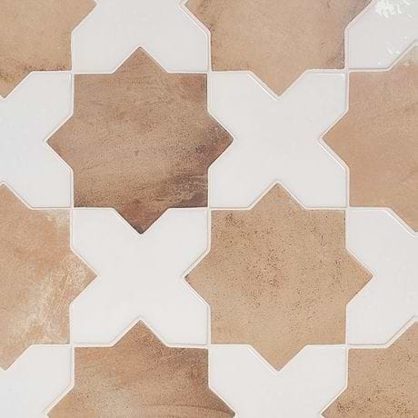 Parma Cotto Brown Matte Star and White Polished Cross 6&quot; Terracotta Look Porcelain Tile