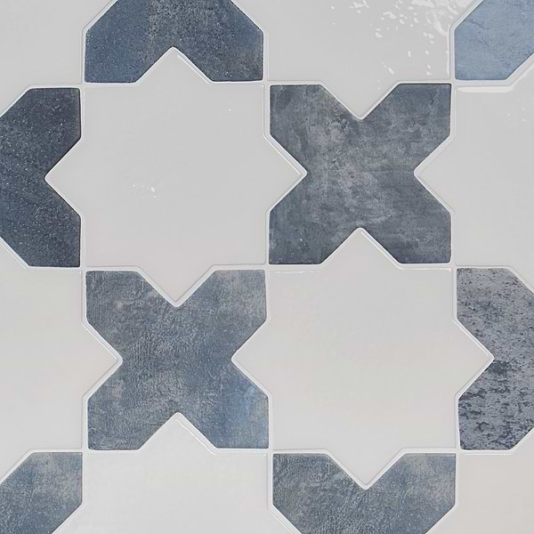 Parma White Polished Star and Denim Blue Matte Cross 6" Terracotta Look Porcelain Tile