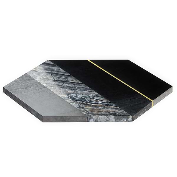 Margo Black and Gold 9" Hexagon Polished Nero Marquina Marble and Brass Mosaic Tile