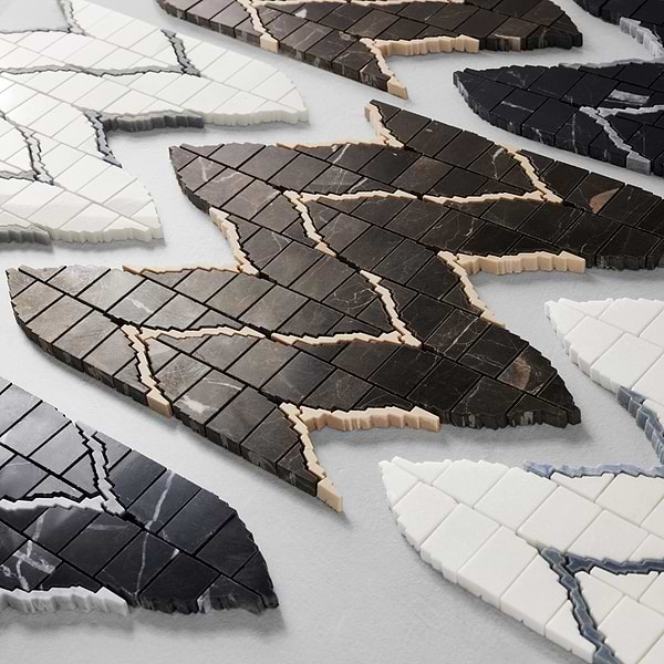 Ikara Nero Marquina Honed Waterjet Marble Mosaic Tile in Black, Gray, View 9, open zoomed image