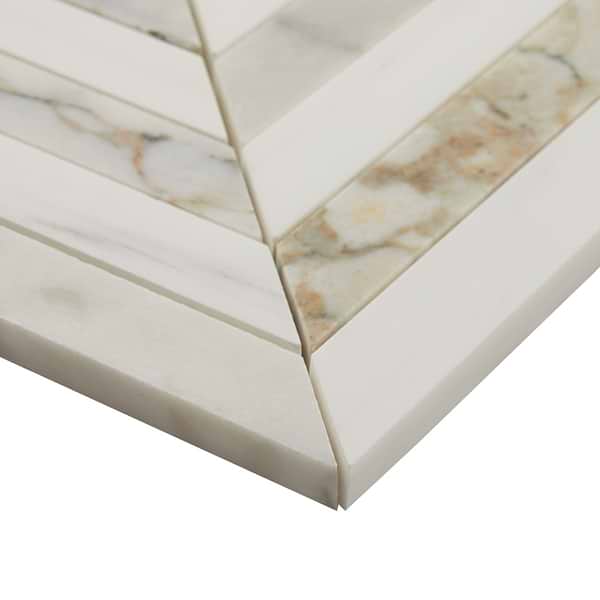 Calacatta Verde Premium and Bianco Dolomite 3x9 Chevron Honed Marble Mosaic Tile