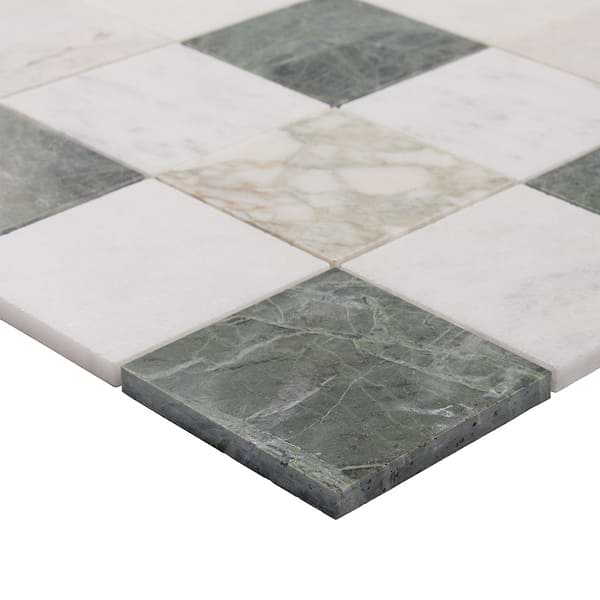 Calacatta Verde Premium and Glacier White and Tia Verde 4x4 Honed Marble Mosaic Tile