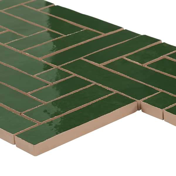 Zelora Forest Green Herringbone Glossy Ceramic Mosaic Tile