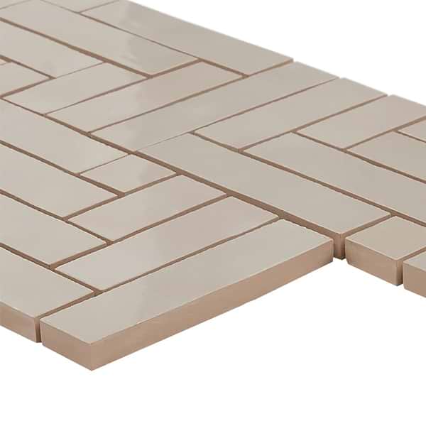 Zelora Linen Beige Herringbone Glossy Ceramic Mosaic Tile