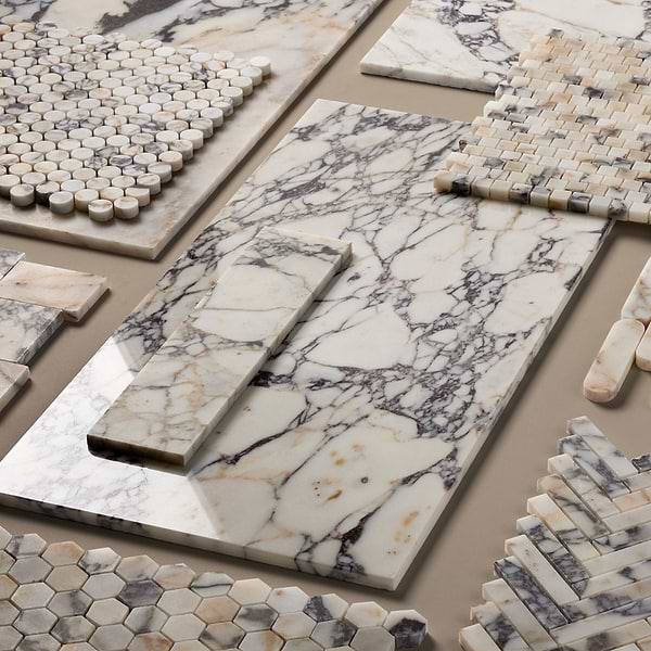 Calacatta Monet 1x4 Pill Honed Marble Mosaic Tile-Sample in White, View 9, open zoomed image