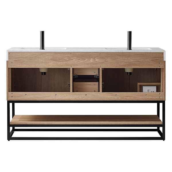 Ithica White Oak 60" Double Vanity and Black Hardware with Atlantic Stone Top