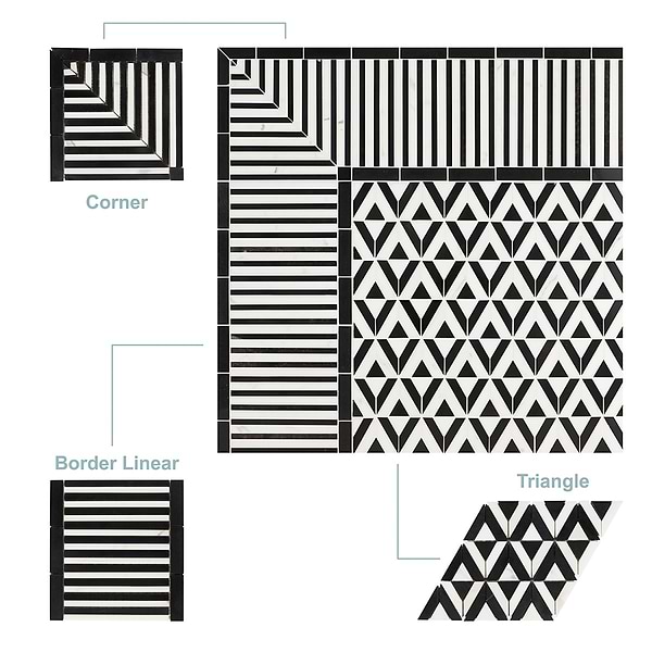 Monroe Border Calacatta and Black Jade 7.87x8.30 Marble Mosaic Tile