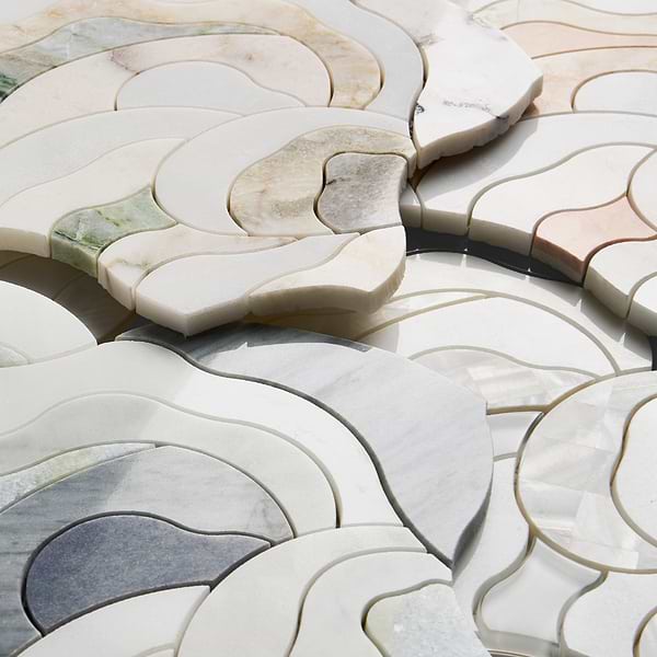 Iris Bianca Pearl White Polished Marble Pearl and Glass Waterjet Mosaic Tile