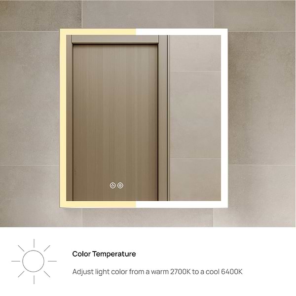 Mirava 30x32"  Rectangle Recessed or Wall Mounted Reversible LED Medicine Cabinet with Mirror in Silver, View 8, open zoomed image