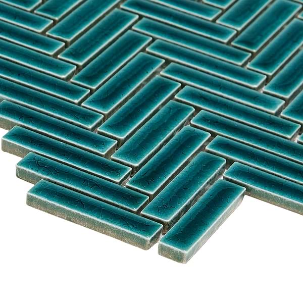 Kai Teal 1x2" Herringbone Crackled Glossy Porcelain Mosaic Tile