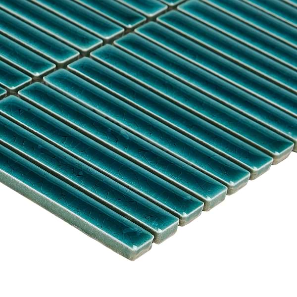 Kai Teal 1x4" Tri-Stacked Crackled Glossy Porcelain Mosaic Tile